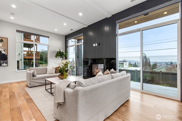 living area featuring baseboards, a multi sided fireplace, light wood-style flooring, and recessed lighting