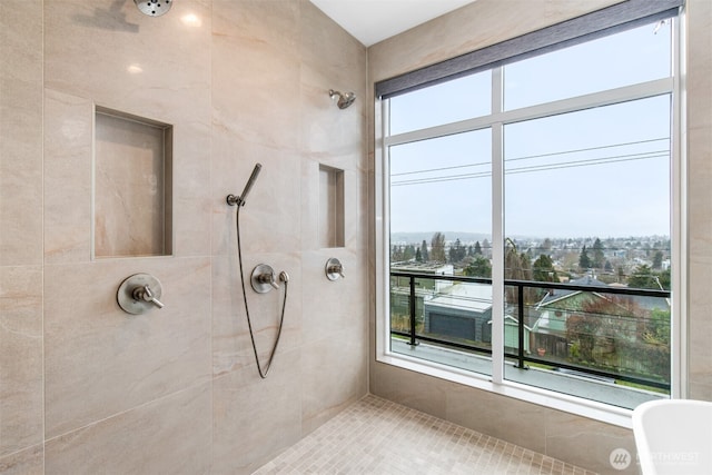 bathroom featuring a soaking tub, a tile shower, and a healthy amount of sunlight