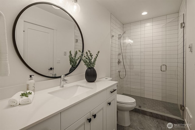 bathroom with visible vents, toilet, a stall shower, recessed lighting, and vanity