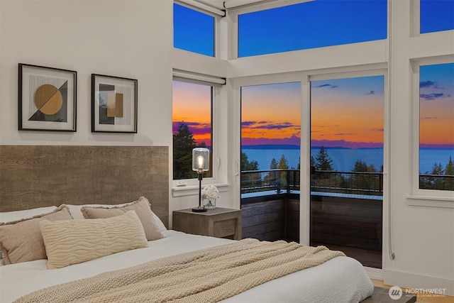 bedroom featuring a water view and a high ceiling