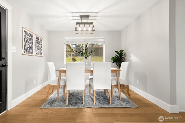 unfurnished dining area featuring baseboards and wood finished floors