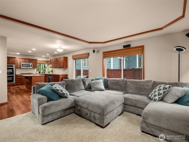 living area with recessed lighting and wood finished floors