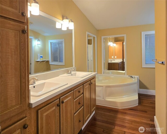 bathroom featuring double vanity, wood finished floors, a sink, and a bath