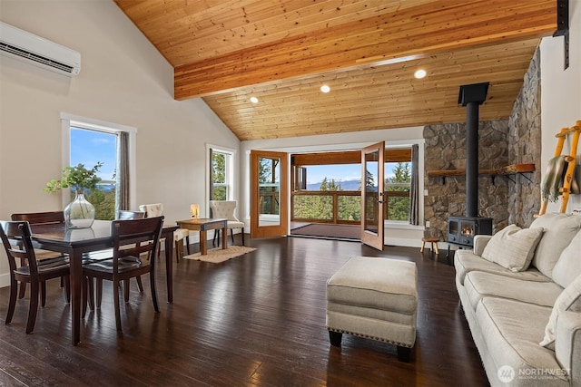 living room featuring plenty of natural light, hardwood / wood-style floors, a wood stove, and a wall mounted AC