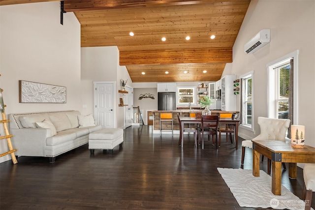 dining room with high vaulted ceiling, wood ceiling, dark wood finished floors, and a wall unit AC