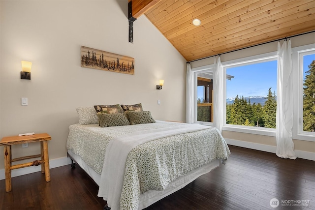 bedroom with lofted ceiling with beams, baseboards, and wood finished floors