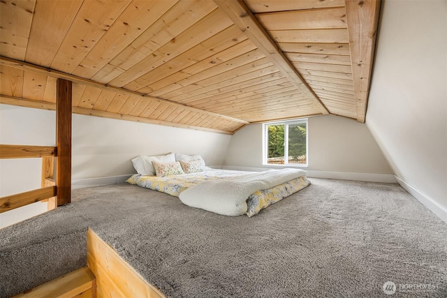 carpeted bedroom with wooden ceiling, lofted ceiling with beams, and baseboards