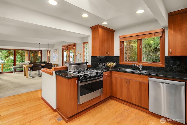 kitchen featuring a peninsula, a sink, a healthy amount of sunlight, open floor plan, and appliances with stainless steel finishes