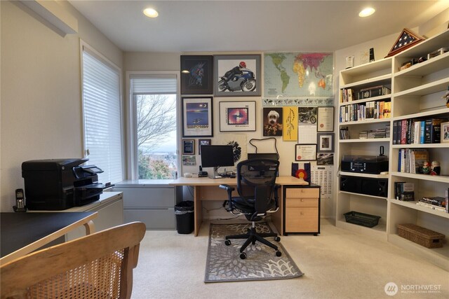 home office featuring recessed lighting and light colored carpet