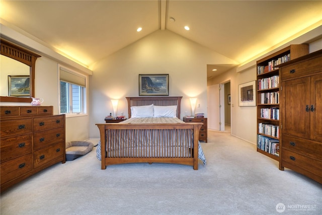 bedroom with high vaulted ceiling, recessed lighting, and light colored carpet