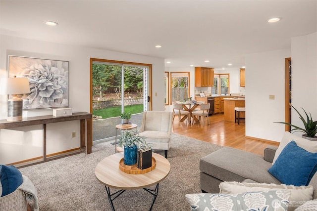 living room with baseboards, light wood-style flooring, and recessed lighting