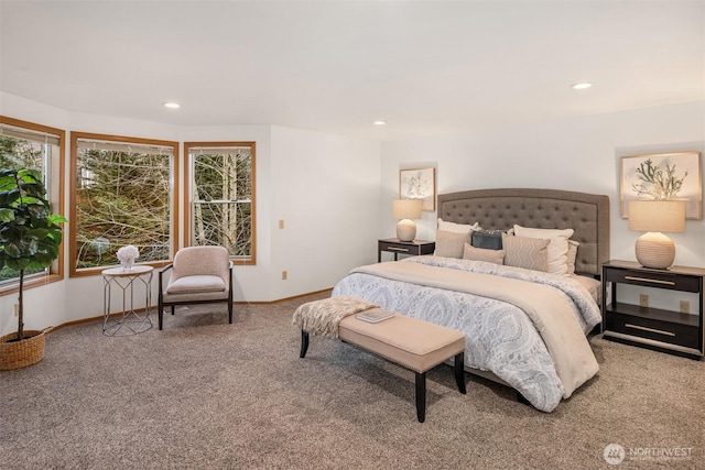 carpeted bedroom with baseboards and recessed lighting