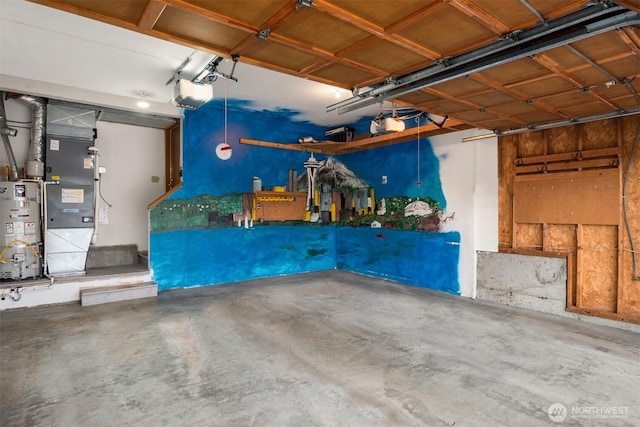 garage featuring a garage door opener, strapped water heater, and heating unit