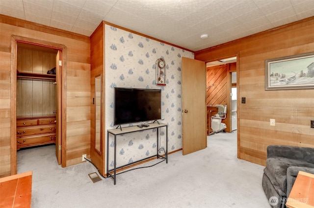 carpeted living area with wood walls