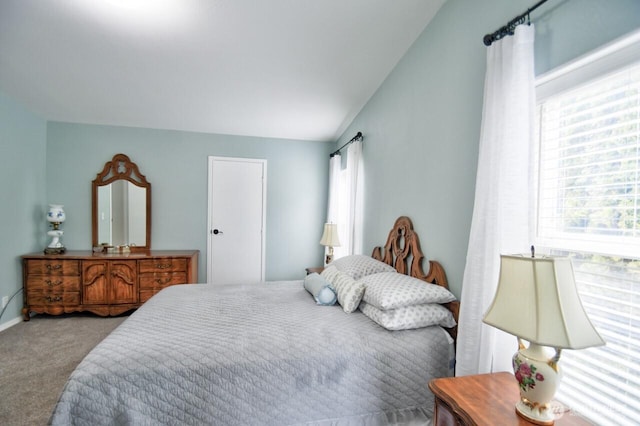 bedroom featuring vaulted ceiling and carpet floors