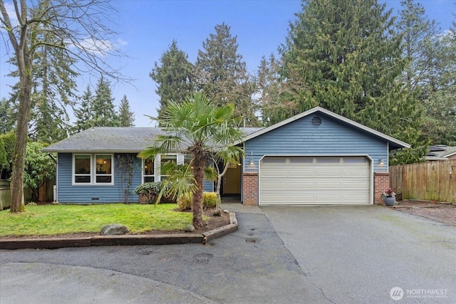 single story home featuring a garage, brick siding, driveway, and a front lawn