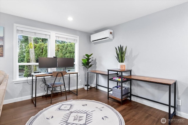 home office featuring recessed lighting, dark wood-style flooring, baseboards, and a wall mounted AC