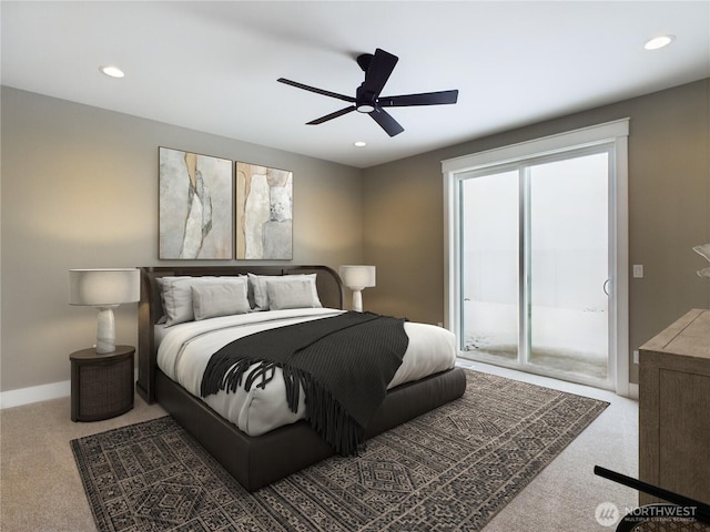 carpeted bedroom with access to outside, ceiling fan, baseboards, and recessed lighting