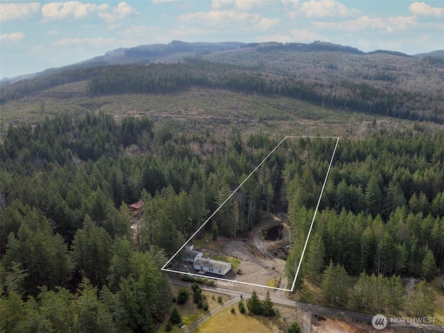 aerial view with a mountain view and a wooded view