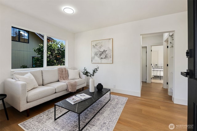 living area featuring baseboards and wood finished floors