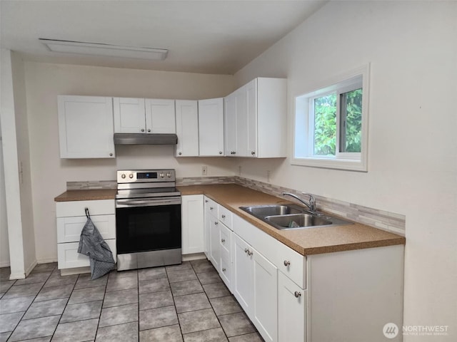 kitchen featuring stainless steel range with electric stovetop, white cabinetry, a sink, and under cabinet range hood