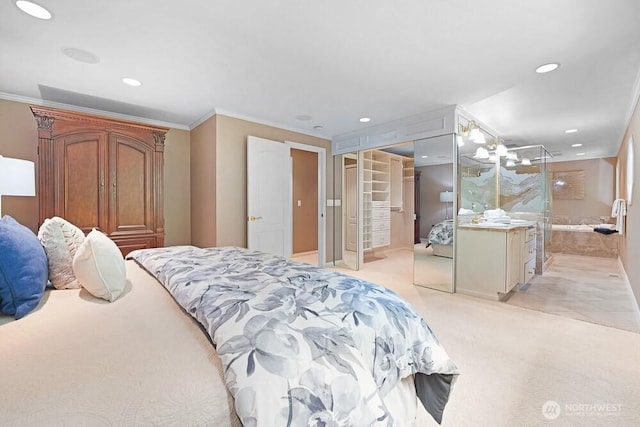 bedroom featuring recessed lighting, ornamental molding, and light carpet
