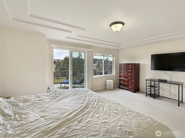 bedroom featuring baseboards, carpet, a raised ceiling, and access to exterior