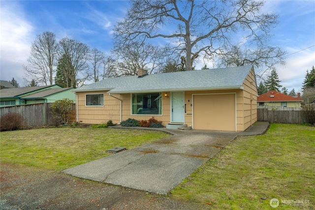 view of front of property featuring aphalt driveway, fence, a chimney, and an attached garage