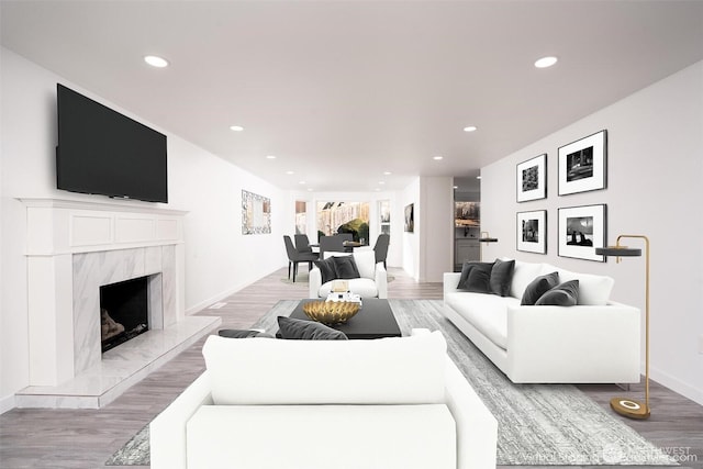 6201 53rd Street Ct W, University Place, WA 98467 - living room featuring recessed lighting, baseboards, light wood-style floors, and a fireplace