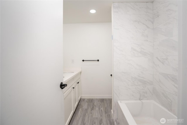 6201 53rd Street Ct W, University Place, WA 98467 - full bath with recessed lighting, vanity, baseboards, and wood finished floors