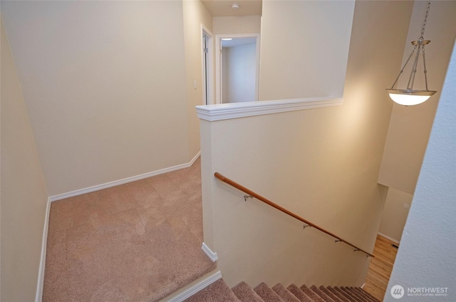 stairs with carpet floors and baseboards