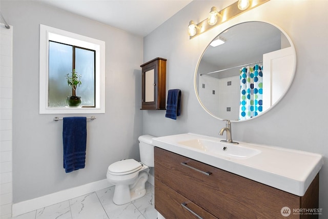 bathroom featuring toilet, vanity, baseboards, marble finish floor, and a shower with curtain