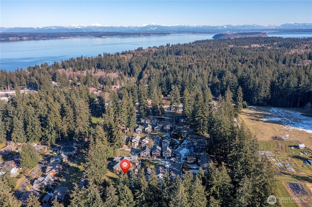 aerial view featuring a wooded view and a water and mountain view