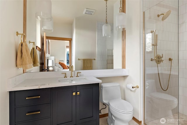 full bathroom with visible vents, toilet, ensuite bath, a tile shower, and vanity