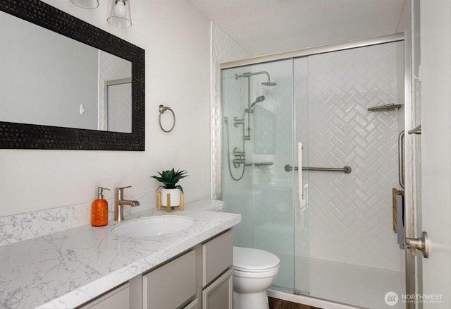 full bathroom featuring a stall shower, vanity, and toilet