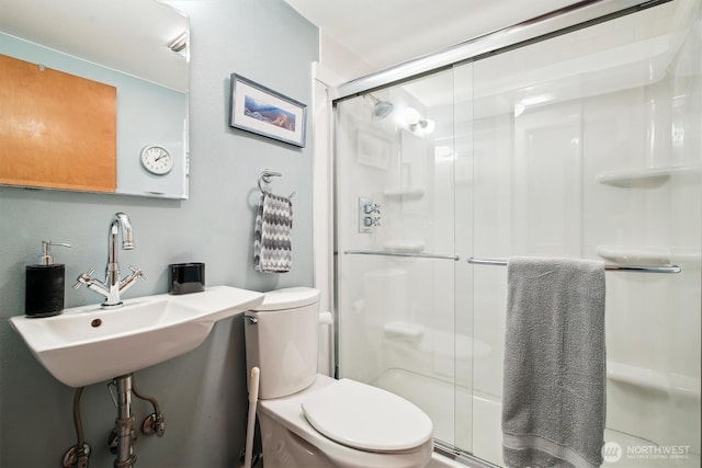 bathroom with toilet, a shower stall, and a sink