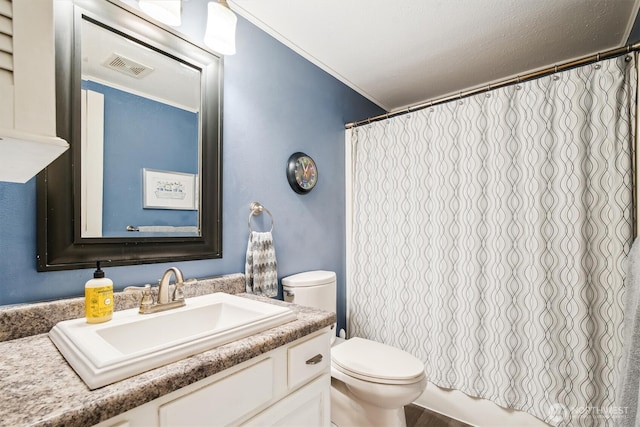 bathroom featuring visible vents, a shower with shower curtain, toilet, ornamental molding, and vanity