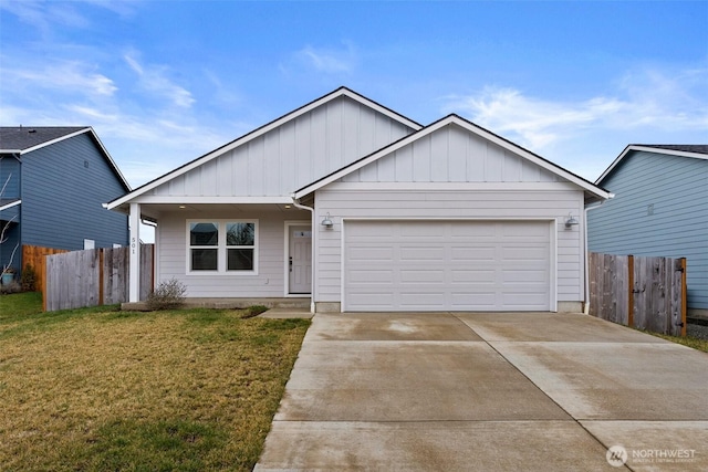 single story home featuring concrete driveway, board and batten siding, a front yard, fence, and a garage