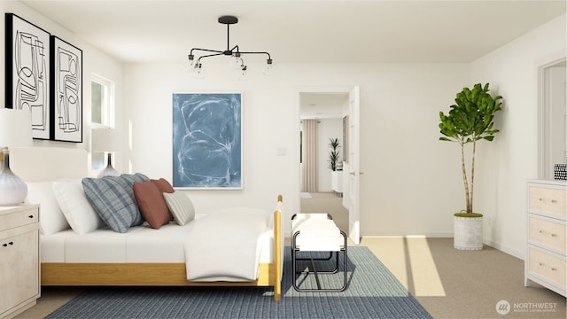 bedroom featuring carpet floors, baseboards, and a notable chandelier