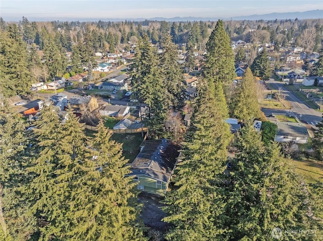 birds eye view of property featuring a residential view and a forest view