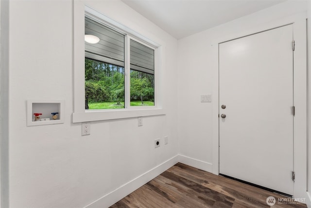 washroom featuring laundry area, baseboards, dark wood finished floors, hookup for an electric dryer, and washer hookup