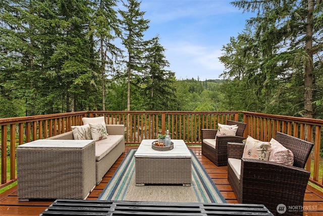 wooden deck featuring an outdoor living space