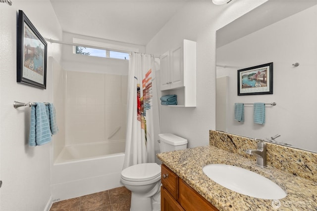 full bathroom featuring tile patterned flooring, toilet, vanity, and shower / bathtub combination with curtain