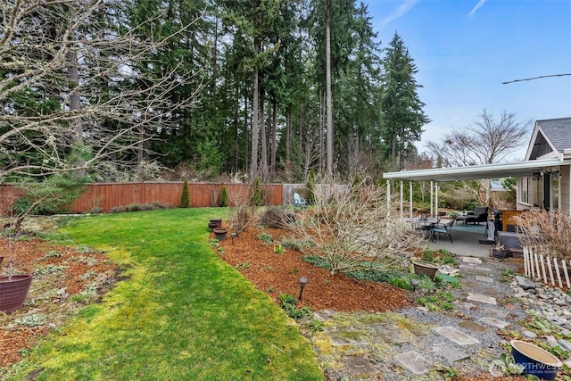 view of yard with a fenced backyard and a patio