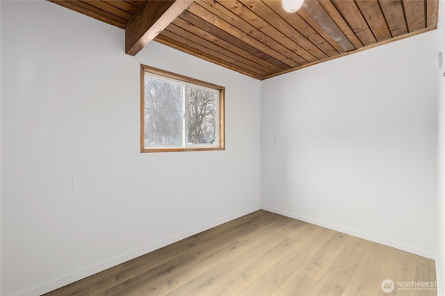 empty room featuring light wood-style floors, wooden ceiling, beamed ceiling, and baseboards