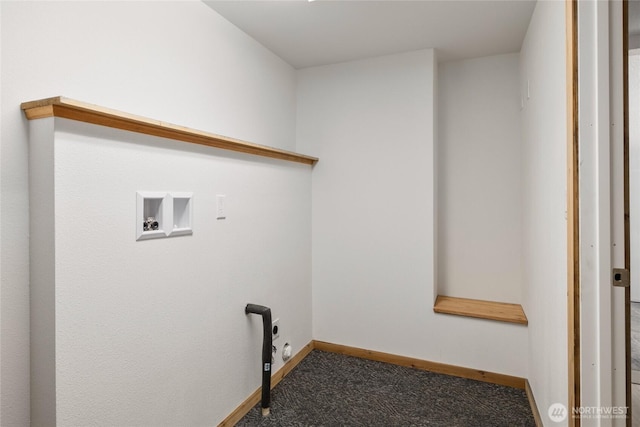 washroom with laundry area, baseboards, gas dryer hookup, dark colored carpet, and washer hookup