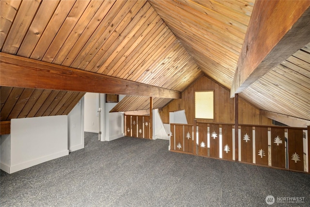 bonus room with wooden walls, dark colored carpet, wood ceiling, and lofted ceiling