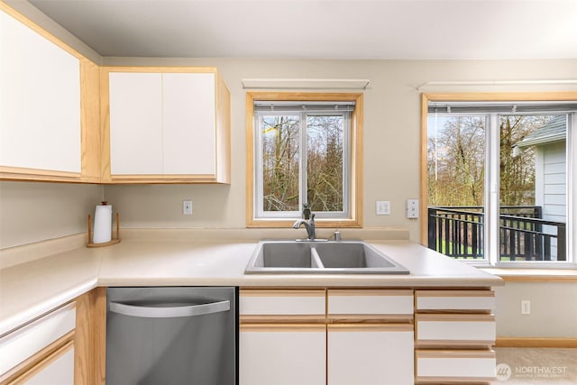 kitchen featuring a sink, white cabinetry, light countertops, and dishwasher