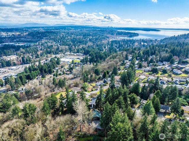 drone / aerial view with a water view and a wooded view