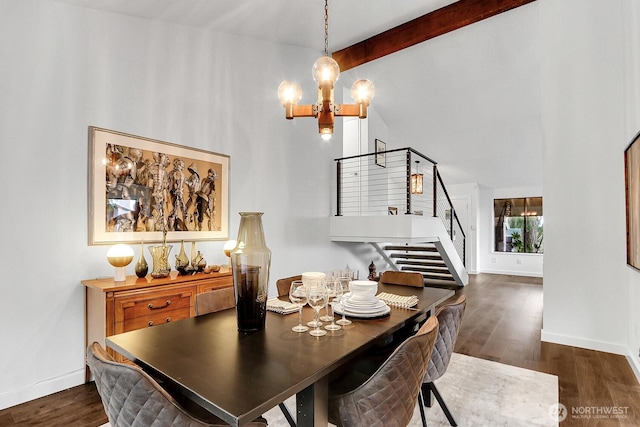 dining room featuring a notable chandelier, wood finished floors, baseboards, stairway, and beamed ceiling